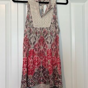 Lucky Brand Red Printed Halter Camisole with Cream Crochet Yoke